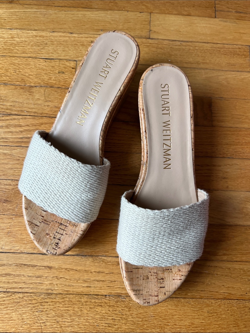 Stuart Weitzman Cream Woven Cork Slide Mules
